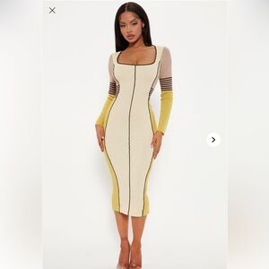 Yellow and Cream Long Sleeve Bodycon Dress